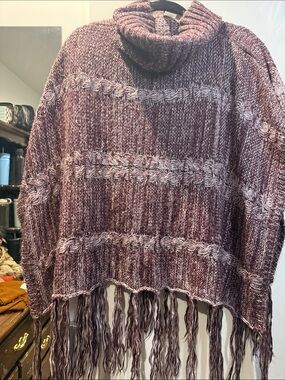Oversized Fringe Turtleneck Sweater - Mauve Heather